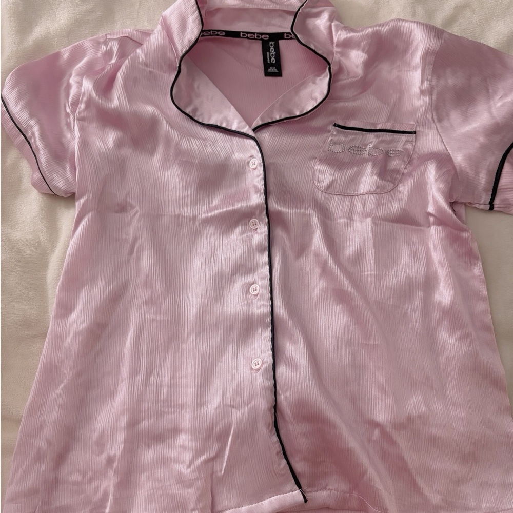 Bebe Light Pink Satin Blouse with Black Trim